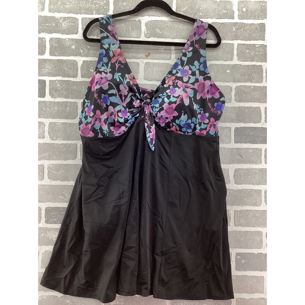 Swimsuits For All Women Floral Print V-Neck Swim Dress Black Purple Blue Size 26